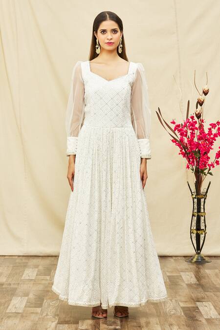 Samyukta Singhania_Off White Georgette, Organza Sequins Geometric Embroidered Anarkali With Dupatta _Online_at_Aza_Fashions
