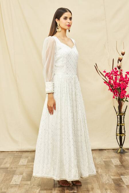 Buy_Samyukta Singhania_Off White Georgette, Organza Sequins Geometric Embroidered Anarkali With Dupatta _Online_at_Aza_Fashions