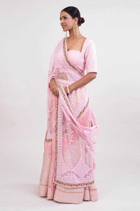 Monika Mathuria Datta_Pink Brocade, Cotton Embroidery, Sequins Floral Butti Lehenga Set With Dupatta _Online_at_Aza_Fashions