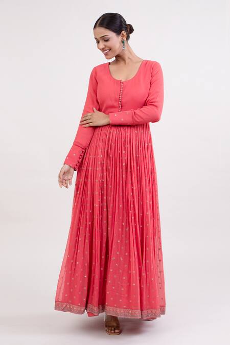 Monika Mathuria Datta_Orange Georgette Embroidered Thread Round Floral Butti Anarkali With Churidar _Online_at_Aza_Fashions