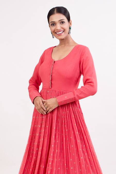 Buy_Monika Mathuria Datta_Orange Georgette Embroidered Thread Round Floral Butti Anarkali With Churidar _Online_at_Aza_Fashions