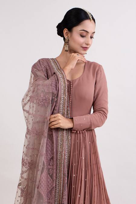 Monika Mathuria Datta_Brown Georgette Embroidered Sequin Work Anarkali Set With Tasselled Dupatta _Online_at_Aza_Fashions