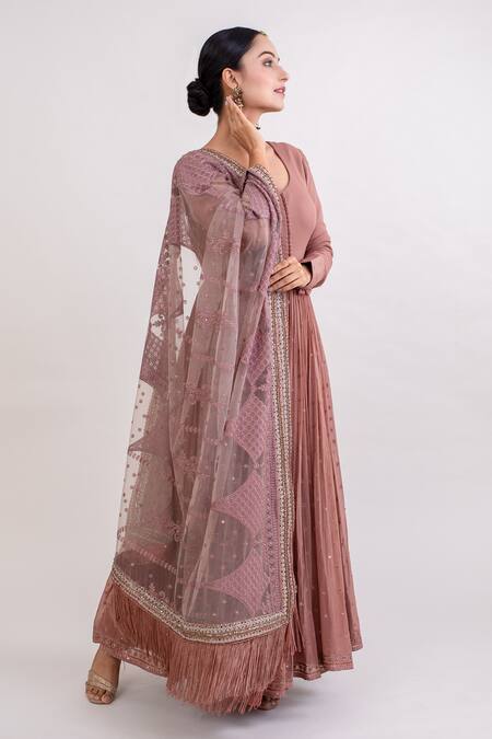 Buy_Monika Mathuria Datta_Brown Georgette Embroidered Sequin Work Anarkali Set With Tasselled Dupatta _Online_at_Aza_Fashions