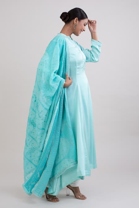 Monika Mathuria Datta Solid Asymmetric Anarkali Set With Embroidered Dupatta 