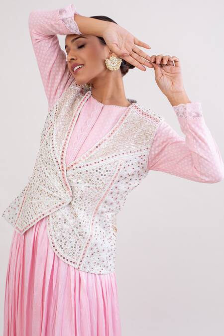 Monika Mathuria Datta_Pink Shantoon Embroidered Thread Round Woven Floral Anarkali Churidar Set _Online_at_Aza_Fashions