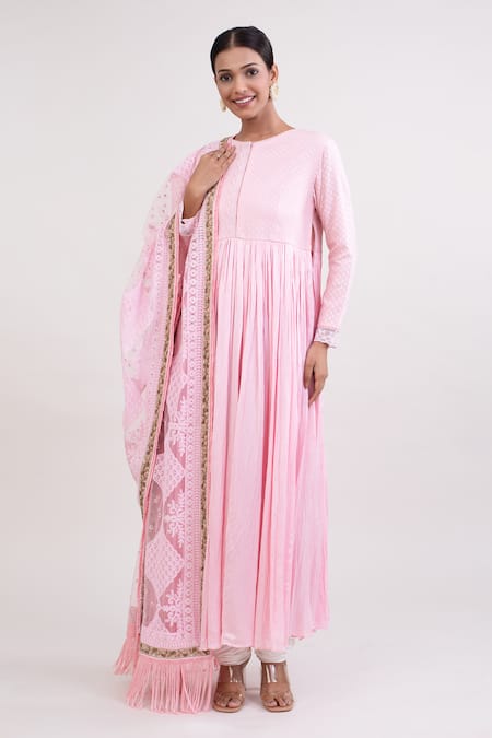 Buy_Monika Mathuria Datta_Pink Shantoon Embroidered Thread Round Woven Floral Anarkali Churidar Set _Online_at_Aza_Fashions