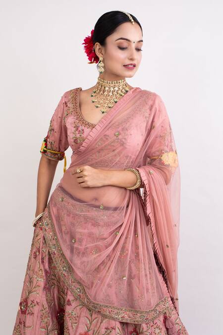 Monika Mathuria Datta Pink Raw Silk Embroidered Thread Round Floral Vine Sequin Bridal Lehenga Set Online at Aza Fashions Monika Mathuria Datta_Pink Raw Silk Embroidered Thread Round Floral Vine Sequin Bridal Lehenga Set _Online_at_Aza_Fashions