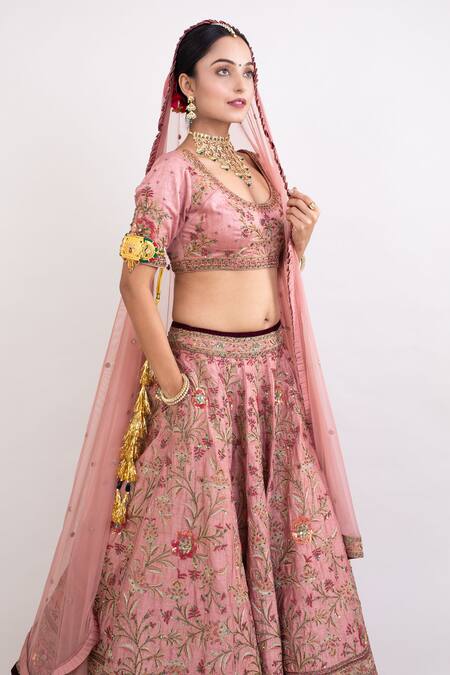 Buy Monika Mathuria Datta Pink Raw Silk Embroidered Thread Round Floral Vine Sequin Bridal Lehenga Set Online at Aza Fashions Buy_Monika Mathuria Datta_Pink Raw Silk Embroidered Thread Round Floral Vine Sequin Bridal Lehenga Set _Online_at_Aza_Fashions
