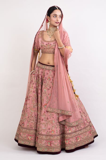 Shop Monika Mathuria Datta Pink Raw Silk Embroidered Thread Round Floral Vine Sequin Bridal Lehenga Set Online at Aza Fashions Shop_Monika Mathuria Datta_Pink Raw Silk Embroidered Thread Round Floral Vine Sequin Bridal Lehenga Set _Online_at_Aza_Fashions