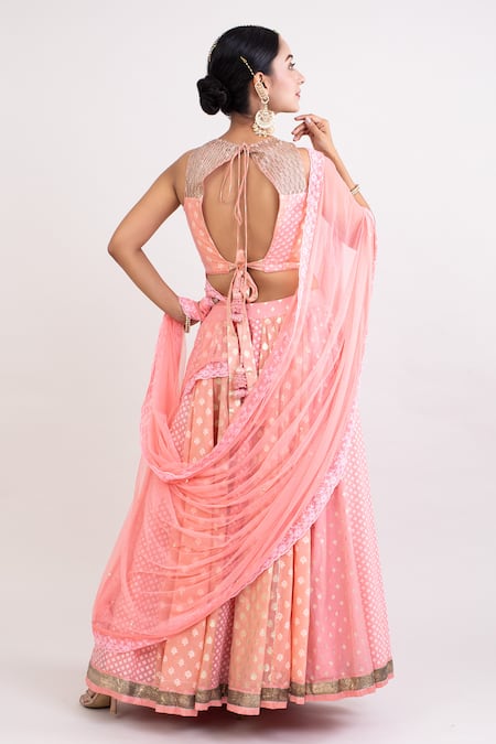 Monika Mathuria Datta Floral Embroidered Peach Lehenga Set 
