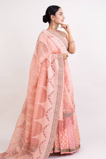 Monika Mathuria Datta Peach Chanderi, Satin, Net, Linen Embroidery, Sequins Round Floral Lehenga Set Online at Aza Fashions Monika Mathuria Datta_Peach Chanderi, Satin, Net, Linen Embroidery, Sequins Round Floral Lehenga Set _Online_at_Aza_Fashions