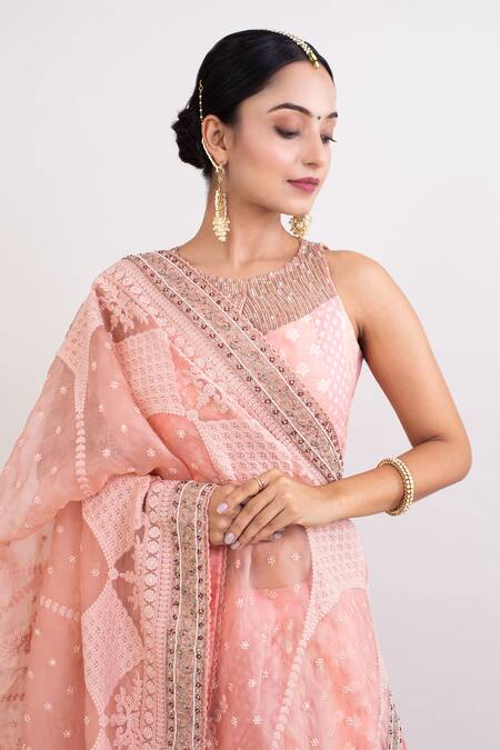 Buy Monika Mathuria Datta Peach Chanderi, Satin, Net, Linen Embroidery, Sequins Round Floral Lehenga Set Online at Aza Fashions Buy_Monika Mathuria Datta_Peach Chanderi, Satin, Net, Linen Embroidery, Sequins Round Floral Lehenga Set _Online_at_Aza_Fashions