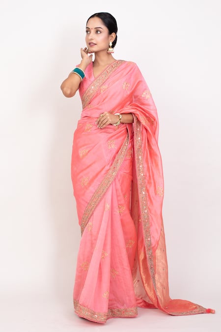 Monika Mathuria Datta Peach Cotton Silk Embroidered Thread Floral Sequin Saree With Blouse 