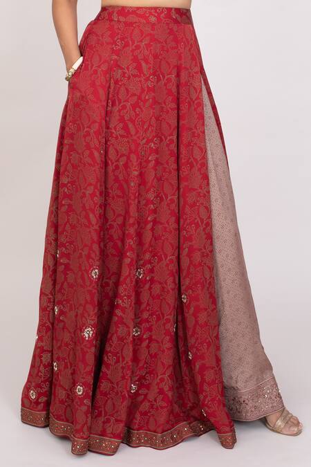 Monika Mathuria Datta_Maroon Silk, Cotton, Modal Sequins, Foil Print Overlay Lehenga With Blouse _Online_at_Aza_Fashions