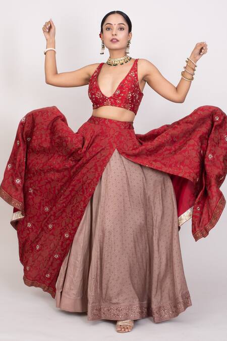 Buy_Monika Mathuria Datta_Maroon Silk, Cotton, Modal Sequins, Foil Print Overlay Lehenga With Blouse _Online_at_Aza_Fashions