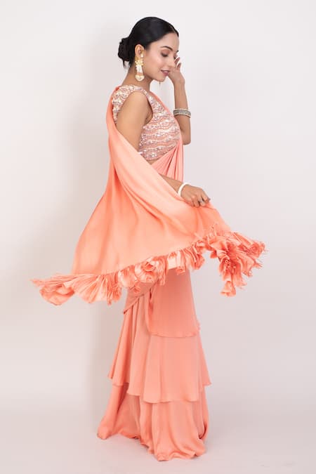 Monika Mathuria Datta_Peach Net, Cotton Sequins, Embroidery V-neck Pre Draped Saree With Blouse _Online_at_Aza_Fashions