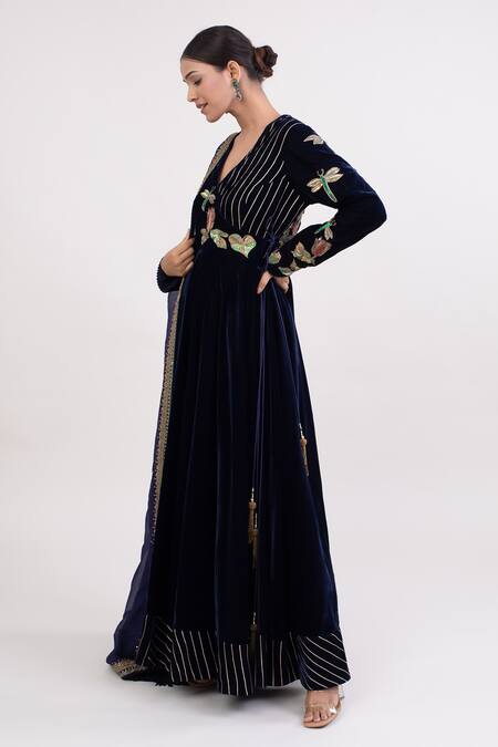 Monika Mathuria Datta Blue Velvet, Lycra, Organza Embroidery, Sequins Floral Anarkali Churidar Set Online at Aza Fashions Monika Mathuria Datta_Blue Velvet, Lycra, Organza Embroidery, Sequins Floral Anarkali Churidar Set _Online_at_Aza_Fashions