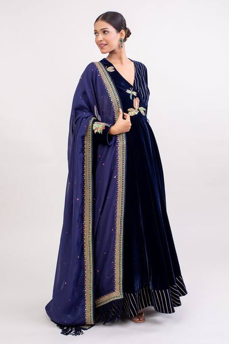 Shop Monika Mathuria Datta Blue Velvet, Lycra, Organza Embroidery, Sequins Floral Anarkali Churidar Set Online at Aza Fashions Shop_Monika Mathuria Datta_Blue Velvet, Lycra, Organza Embroidery, Sequins Floral Anarkali Churidar Set _Online_at_Aza_Fashions