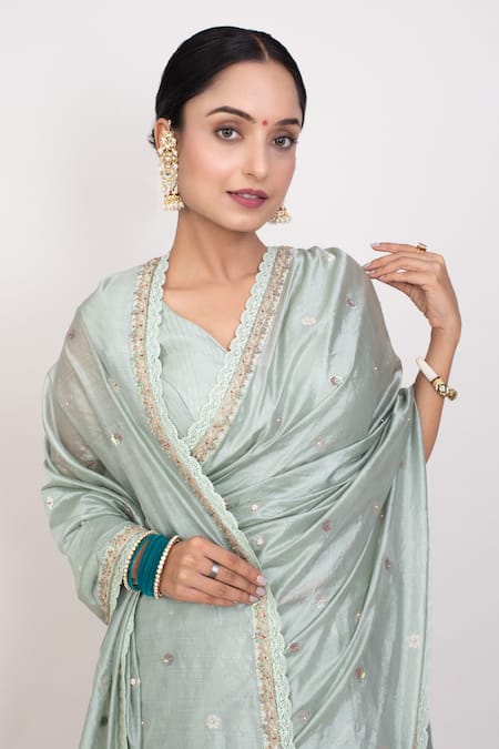 Monika Mathuria Datta Green , Silk, Satin Embroidery, Sequins Floral Saree With Blouse Online at Aza Fashions Monika Mathuria Datta_Green , Silk, Satin Embroidery, Sequins Floral Saree With Blouse _Online_at_Aza_Fashions