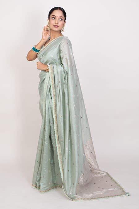 Buy Monika Mathuria Datta Green , Silk, Satin Embroidery, Sequins Floral Saree With Blouse Online at Aza Fashions Buy_Monika Mathuria Datta_Green , Silk, Satin Embroidery, Sequins Floral Saree With Blouse _Online_at_Aza_Fashions