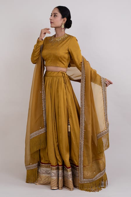 Monika Mathuria Datta Yellow Viscose Embroidered Thread Round Flared Leghenga Blouse Set 