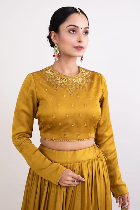 Monika Mathuria Datta_Yellow Viscose Sequins, Embroidery Round Neck Mustard Flared Lehenga Set _Online_at_Aza_Fashions