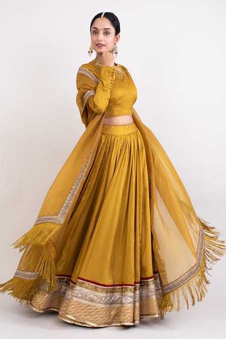 Buy_Monika Mathuria Datta_Yellow Viscose Sequins, Embroidery Round Neck Mustard Flared Lehenga Set _Online_at_Aza_Fashions