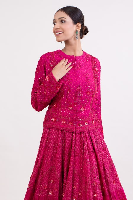 Monika Mathuria Datta_Magenta Chanderi, Georgette Sequins, Embroidery Round Floral Lehenga With Kurta _Online_at_Aza_Fashions