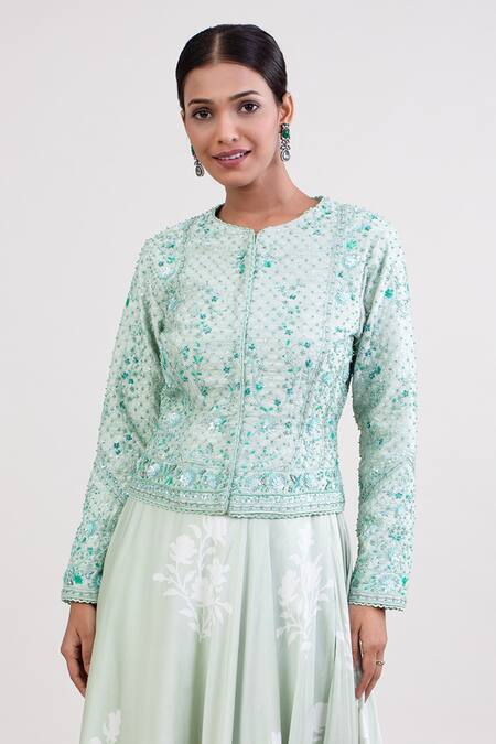 Monika Mathuria Datta_Blue Raw Silk Embroidered Thread Round Floral Print Skirt With Sequined Kurta _Online_at_Aza_Fashions