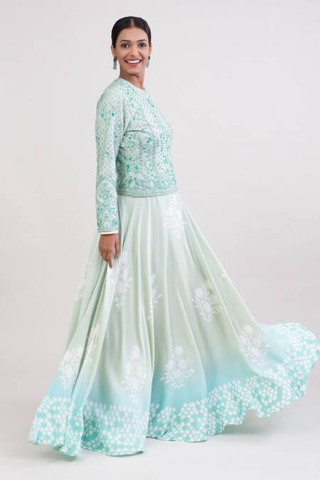 Buy_Monika Mathuria Datta_Blue Raw Silk Embroidered Thread Round Floral Print Skirt With Sequined Kurta _Online_at_Aza_Fashions