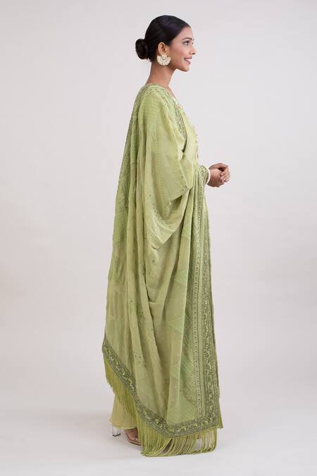 Monika Mathuria Datta_Green Chanderi Embroidered Thread V-neck Floral Kurta Palazzo Set  _Online_at_Aza_Fashions