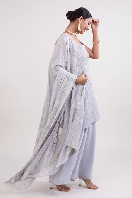 Monika Mathuria Datta Grey Cotton Chanderi Embroidered Thread Woven Floral Kurta Palazzo Set Online at Aza Fashions Monika Mathuria Datta_Grey Cotton Chanderi Embroidered Thread Woven Floral Kurta Palazzo Set _Online_at_Aza_Fashions