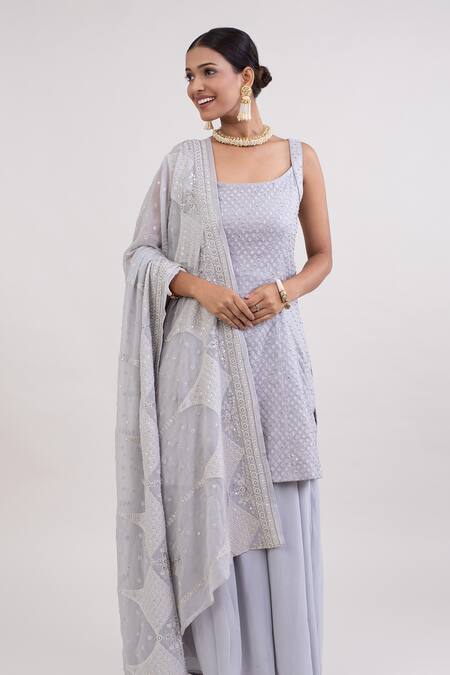Buy Monika Mathuria Datta Grey Cotton Chanderi Embroidered Thread Woven Floral Kurta Palazzo Set Online at Aza Fashions Buy_Monika Mathuria Datta_Grey Cotton Chanderi Embroidered Thread Woven Floral Kurta Palazzo Set _Online_at_Aza_Fashions