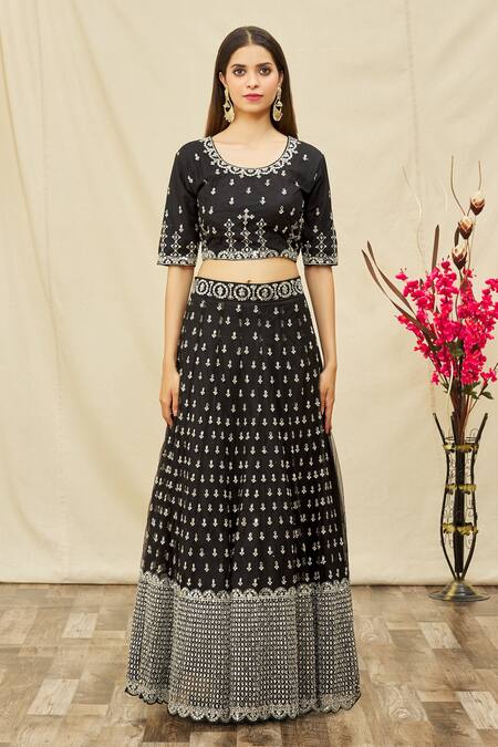 Khwaab By Sanjana Lakhani_Black Net Mirror Work Lehenga Set_Online_at_Aza_Fashions