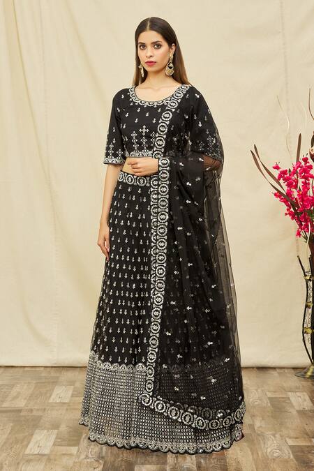 Khwaab By Sanjana Lakhani_Black Net Mirror Work Lehenga Set_at_Aza_Fashions
