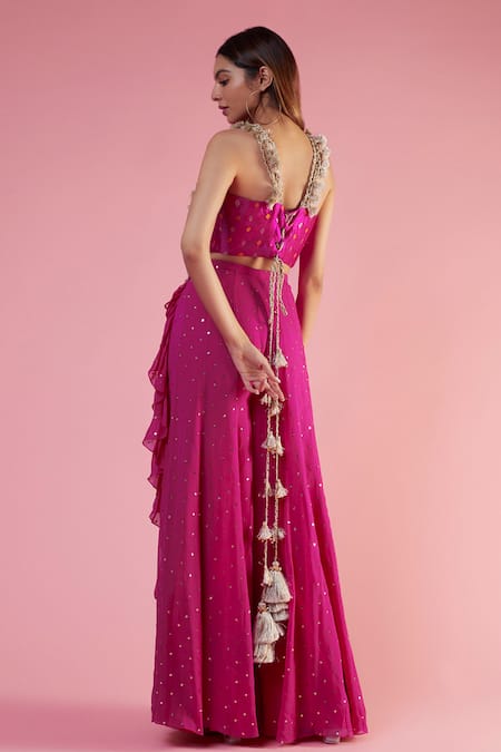 Shop Payal Singhal Pink Georgette Embroidery Sequin Round Neck Bandhani Pattern Choli And Sharara Set at Aza Fashions Shop_Payal Singhal_Pink Georgette Embroidery Sequin Round Neck Bandhani Pattern Choli And Sharara Set _at_Aza_Fashions