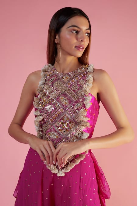 Buy Payal Singhal Pink Georgette Embroidery Sequin Round Neck Bandhani Pattern Choli And Sharara Set Online at Aza Fashions Buy_Payal Singhal_Pink Georgette Embroidery Sequin Round Neck Bandhani Pattern Choli And Sharara Set _Online_at_Aza_Fashions