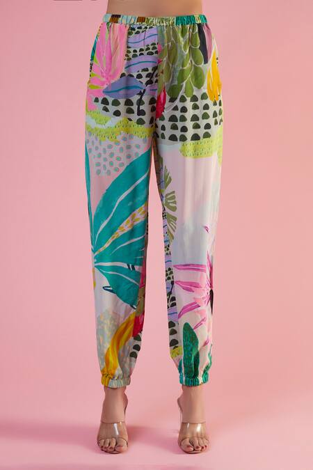 Payal Singhal_Green Crepe Printed Tropical Jacket Open Jogger Pant Set_Online_at_Aza_Fashions