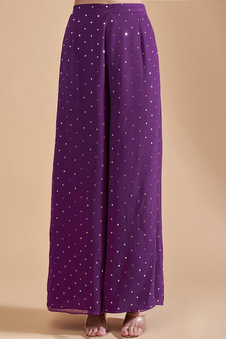 Payal Singhal_Purple Georgette Woven Leheriya Notched Stripe Kurta Palazzo Set _Online_at_Aza_Fashions