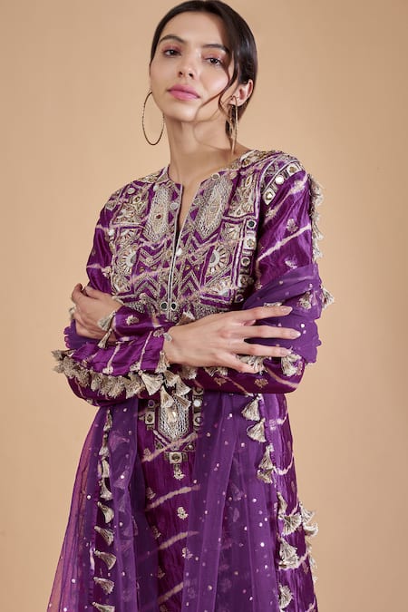 Buy_Payal Singhal_Purple Georgette Woven Leheriya Notched Stripe Kurta Palazzo Set _Online_at_Aza_Fashions