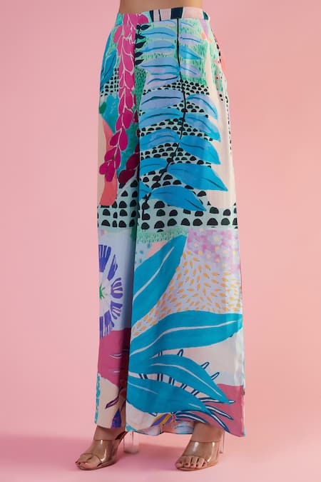 Payal Singhal_Blue Crepe Printed And Embroidered Tropical Notched Kaftan & Palazzo Set _Online_at_Aza_Fashions