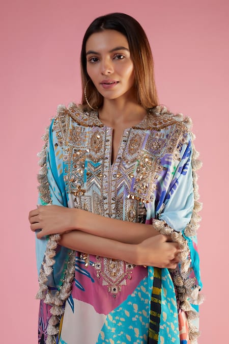 Buy_Payal Singhal_Blue Crepe Printed And Embroidered Tropical Notched Kaftan & Palazzo Set _Online_at_Aza_Fashions