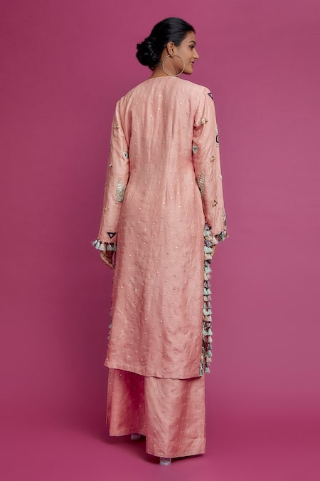 Shop Payal Singhal Pink Silk, Net Beads, Sequins, Fringe, Applique Embroidered Kurta Palazzo Set at Aza Fashions Shop_Payal Singhal_Pink Silk, Net Beads, Sequins, Fringe, Applique Embroidered Kurta Palazzo Set _at_Aza_Fashions