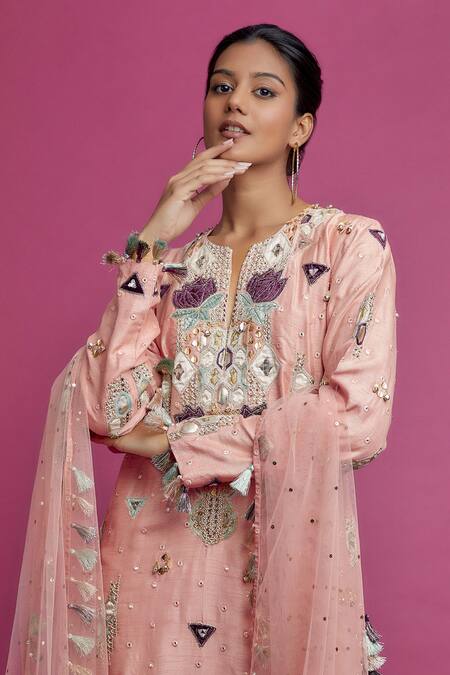 Buy Payal Singhal Pink Silk, Net Beads, Sequins, Fringe, Applique Embroidered Kurta Palazzo Set Online at Aza Fashions Buy_Payal Singhal_Pink Silk, Net Beads, Sequins, Fringe, Applique Embroidered Kurta Palazzo Set _Online_at_Aza_Fashions