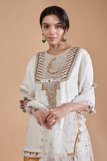 Buy_Payal Singhal_Off White Silk, Brocade, Muslin Mirrors, Sequins, Yoke Kurta Sharara Set _Online_at_Aza_Fashions