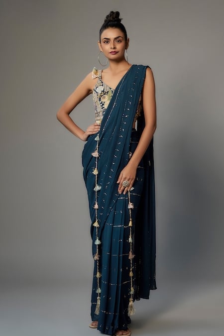 Payal Singhal Blue Georgette Embroidered Mukaish V Neck Pre-stitched Saree And Blouse Set 