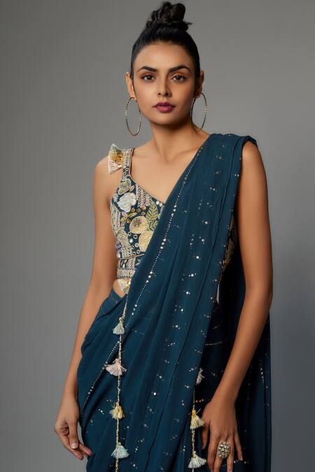 Payal Singhal Blue Georgette Sequins, Zari V-neck Embroidered Pre-stitched Saree And Blouse Set Online at Aza Fashions Payal Singhal_Blue Georgette Sequins, Zari V-neck Embroidered Pre-stitched Saree And Blouse Set _Online_at_Aza_Fashions