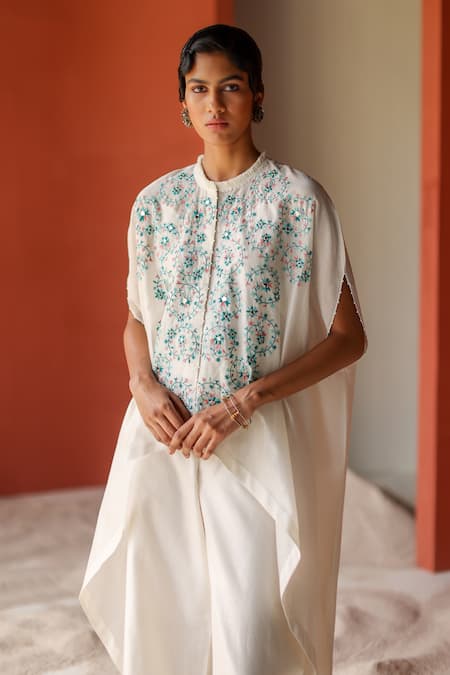 Buy_Shikha Mehta_Ivory Silk, Chanderi Ani Embroidered Cape Pant Set _Online_at_Aza_Fashions