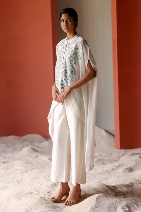 Shop_Shikha Mehta_Ivory Silk, Chanderi Ani Embroidered Cape Pant Set _Online_at_Aza_Fashions