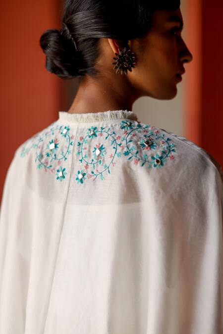 Shikha Mehta_Ivory Silk, Chanderi Ani Embroidered Cape Pant Set _at_Aza_Fashions